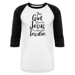 This Girl Runs On Jesus And Insulin Premium Raglan 3/4 Sleeve T-shirt - white/black