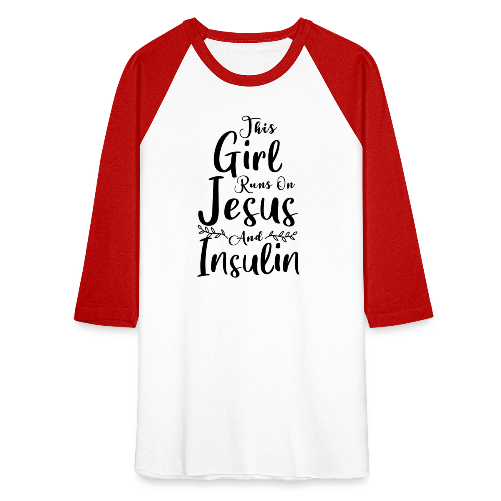 This Girl Runs On Jesus And Insulin Premium Raglan 3/4 Sleeve T-shirt - white/red
