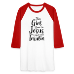 This Girl Runs On Jesus And Insulin Premium Raglan 3/4 Sleeve T-shirt - white/red