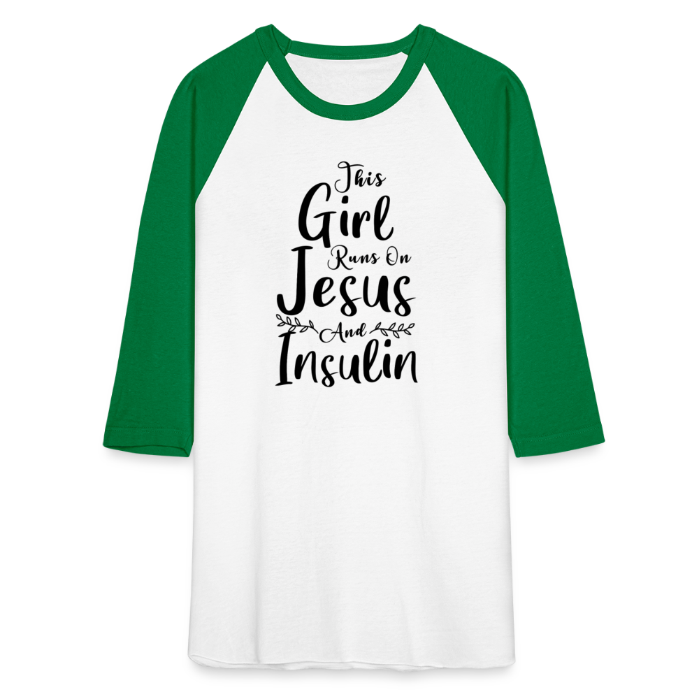 This Girl Runs On Jesus And Insulin Premium Raglan 3/4 Sleeve T-shirt - white/kelly green