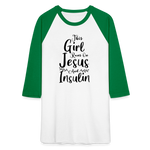 This Girl Runs On Jesus And Insulin Premium Raglan 3/4 Sleeve T-shirt - white/kelly green