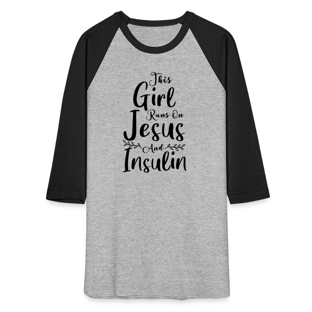 This Girl Runs On Jesus And Insulin Premium Raglan 3/4 Sleeve T-shirt - heather gray/black