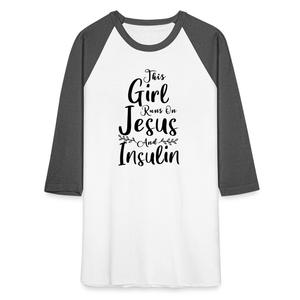 This Girl Runs On Jesus And Insulin Premium Raglan 3/4 Sleeve T-shirt - white/charcoal