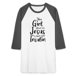 This Girl Runs On Jesus And Insulin Premium Raglan 3/4 Sleeve T-shirt - white/charcoal