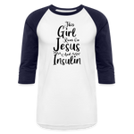 This Girl Runs On Jesus And Insulin Premium Raglan 3/4 Sleeve T-shirt - white/navy