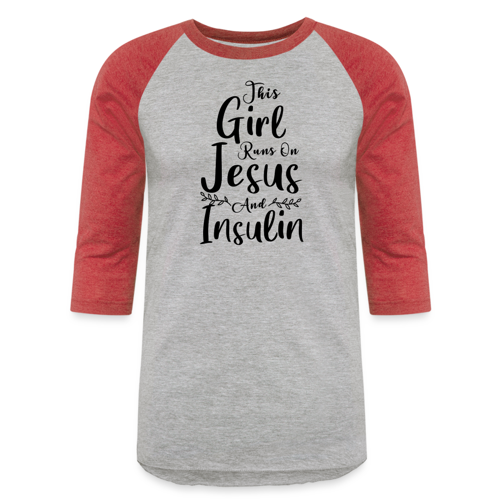 This Girl Runs On Jesus And Insulin Premium Raglan 3/4 Sleeve T-shirt - heather gray/red