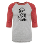 This Girl Runs On Jesus And Insulin Premium Raglan 3/4 Sleeve T-shirt - heather gray/red