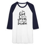 This Girl Runs On Jesus And Insulin Premium Raglan 3/4 Sleeve T-shirt - white/navy