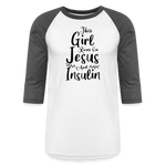 This Girl Runs On Jesus And Insulin Premium Raglan 3/4 Sleeve T-shirt - white/charcoal