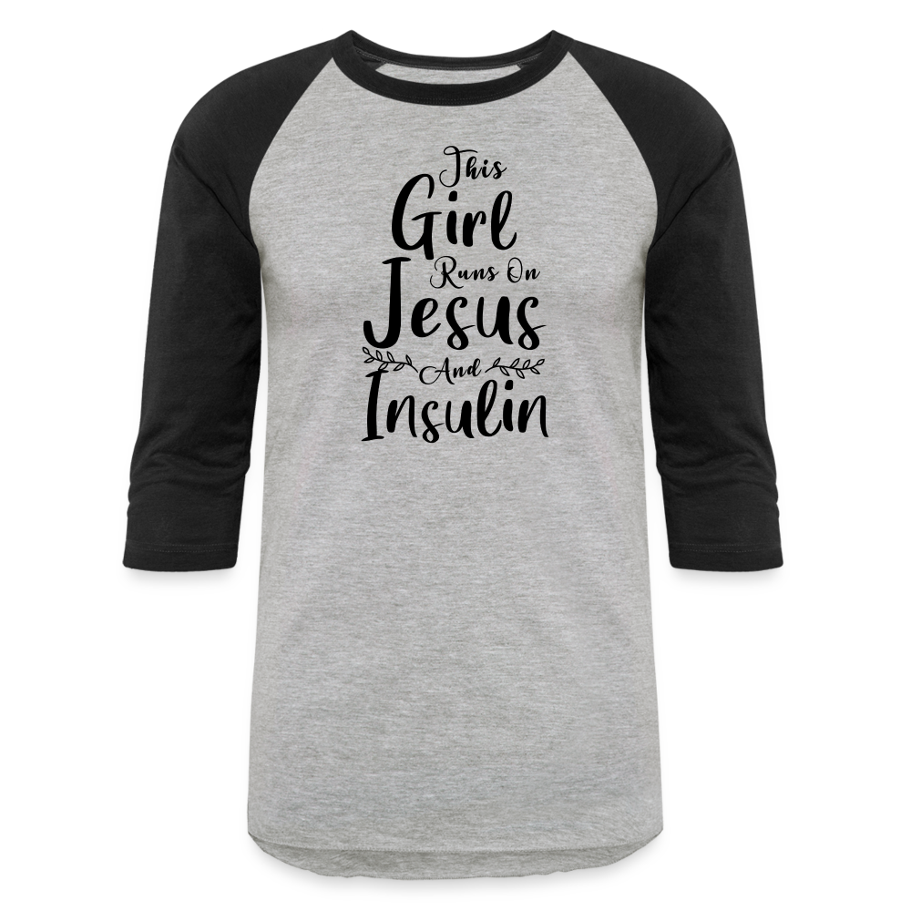This Girl Runs On Jesus And Insulin Premium Raglan 3/4 Sleeve T-shirt - heather gray/black