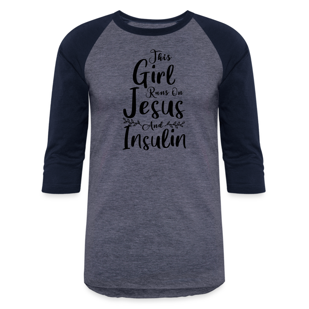 This Girl Runs On Jesus And Insulin Premium Raglan 3/4 Sleeve T-shirt - heather blue/navy