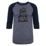 This Girl Runs On Jesus And Insulin Premium Raglan 3/4 Sleeve T-shirt - heather blue/navy