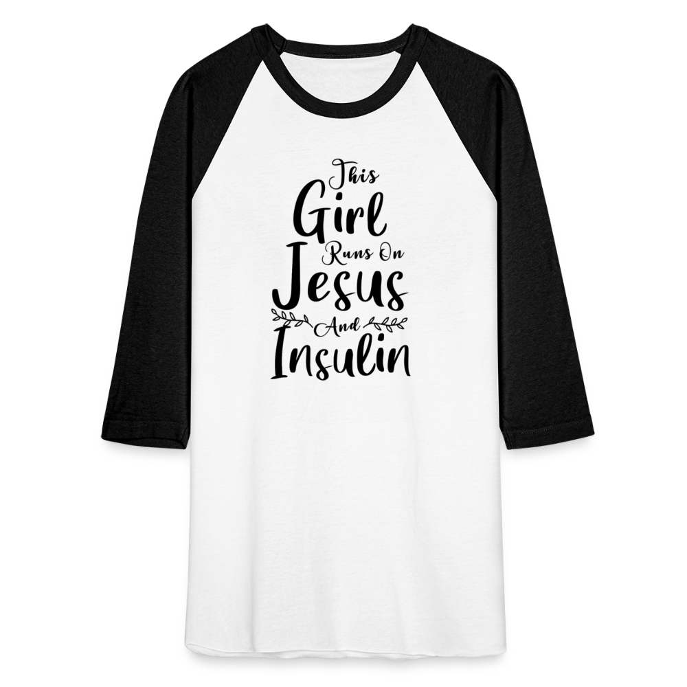 This Girl Runs On Jesus And Insulin Premium Raglan 3/4 Sleeve T-shirt - white/black