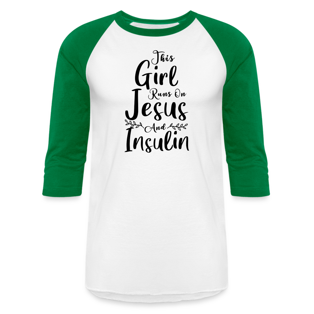 This Girl Runs On Jesus And Insulin Premium Raglan 3/4 Sleeve T-shirt - white/kelly green
