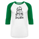 This Girl Runs On Jesus And Insulin Premium Raglan 3/4 Sleeve T-shirt - white/kelly green
