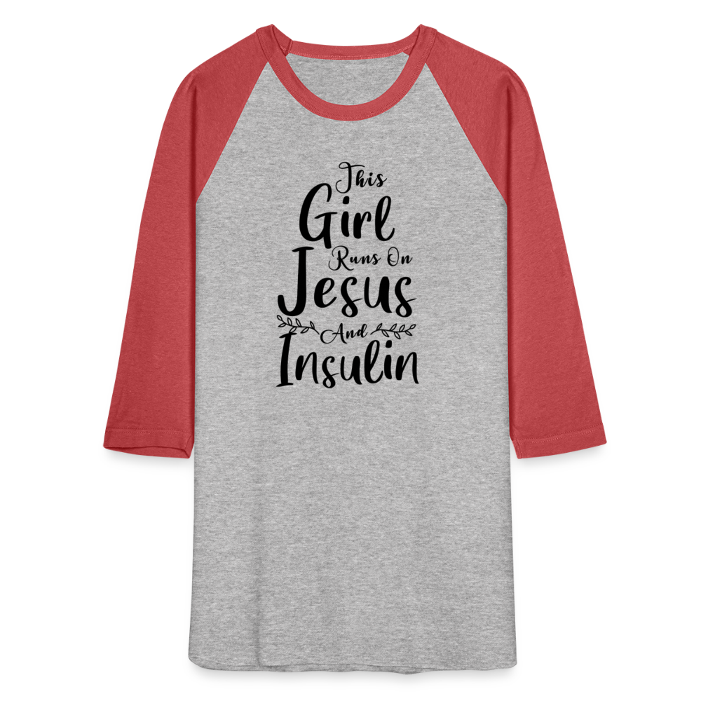 This Girl Runs On Jesus And Insulin Premium Raglan 3/4 Sleeve T-shirt - heather gray/red
