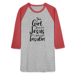 This Girl Runs On Jesus And Insulin Premium Raglan 3/4 Sleeve T-shirt - heather gray/red