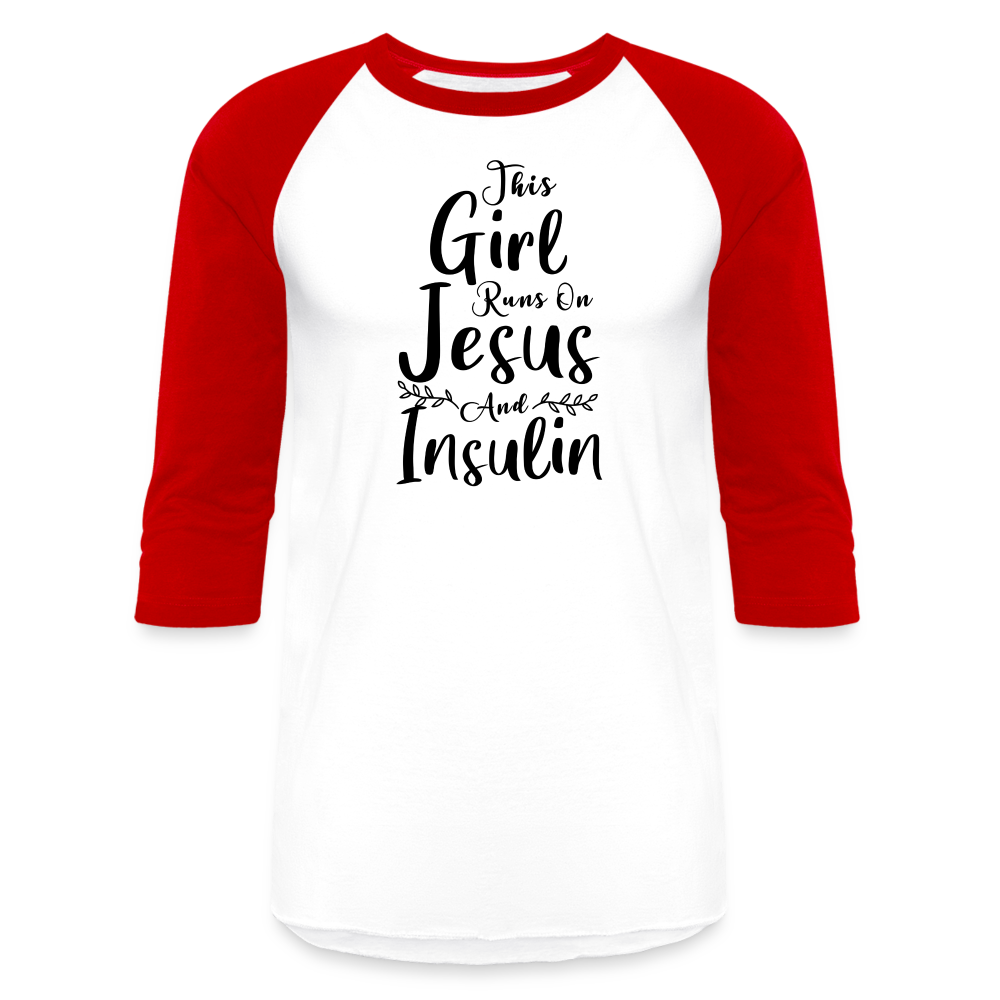 This Girl Runs On Jesus And Insulin Premium Raglan 3/4 Sleeve T-shirt - white/red
