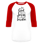This Girl Runs On Jesus And Insulin Premium Raglan 3/4 Sleeve T-shirt - white/red