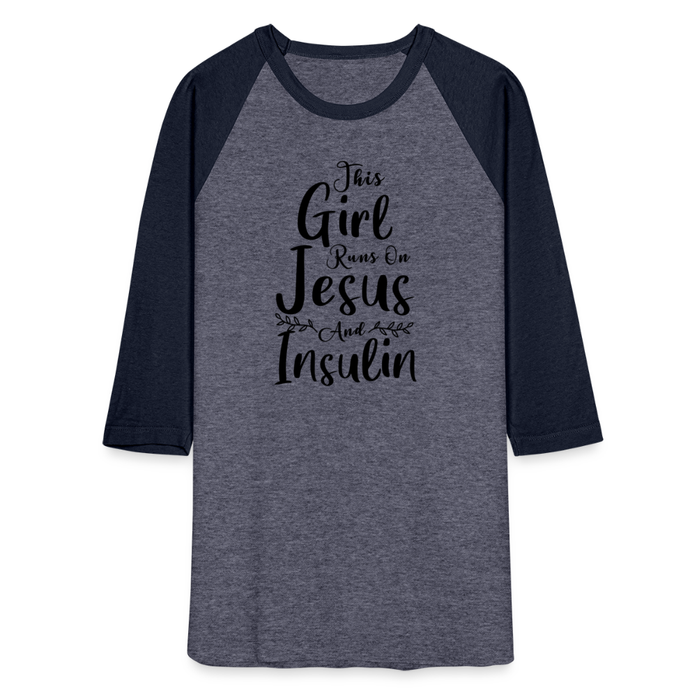 This Girl Runs On Jesus And Insulin Premium Raglan 3/4 Sleeve T-shirt - heather blue/navy