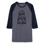 This Girl Runs On Jesus And Insulin Premium Raglan 3/4 Sleeve T-shirt - heather blue/navy