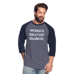 Worlds Okayest Diabetic Humor Premium Softstyle Unisex Raglan Baseball T-Shirt - heather blue/navy