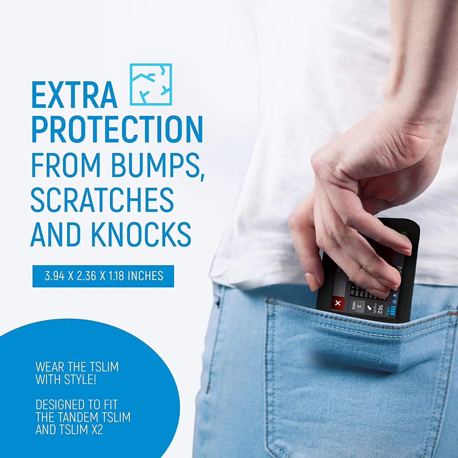 Tandem t:Slim Gel Silicone t:Slim X2 Insulin pumpwith Raised, Beveled Edge Helps Protect Against Scratches and Drops