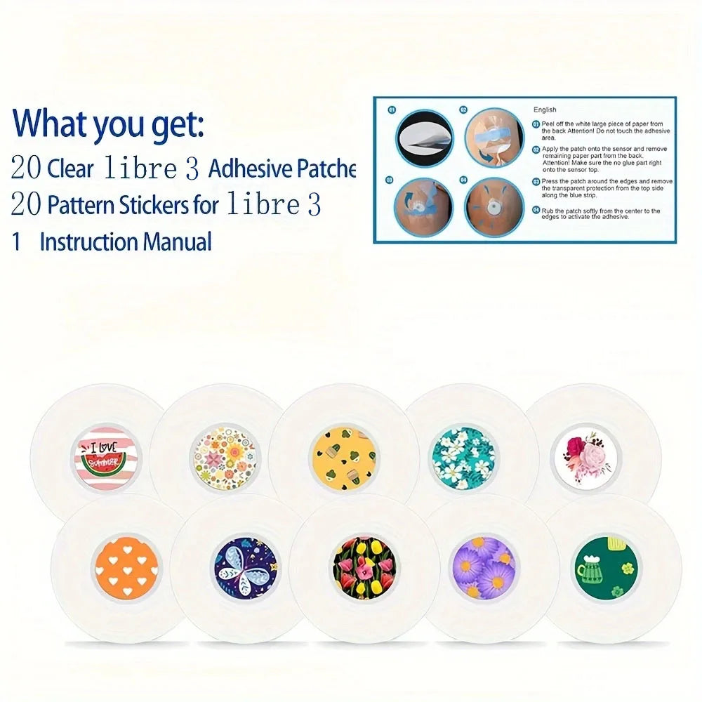 Freestyle Sensor Stickers and Libre 3 Waterproof Transparent Patches 14-Day Long-Lasting No Center Adhesive 20/30 Pack