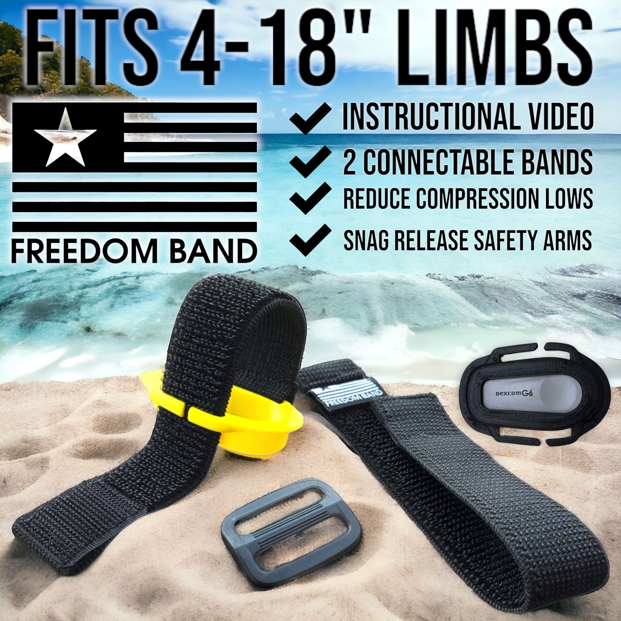 Dexcom G6 4-18" Sensor & Transmitter Cover : Arm & Legs 1" Inch Series : Velcro® Band Starter Kit Freedom Band Freedom Band 