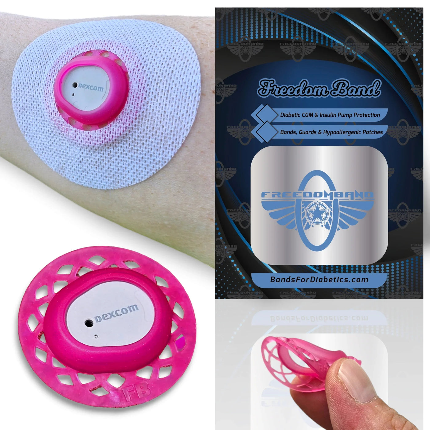 Pink Infiniflex sensor guard with overlay patch for Dexcom G7 compatible sensors