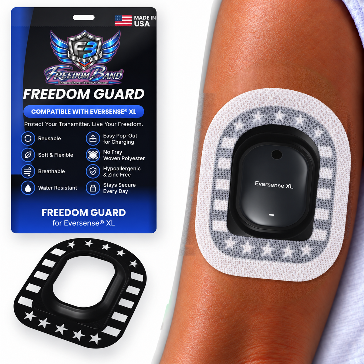 Black Classic Stars and Stripes Freedom Guard for Eversense & Eversense XL with white microwoven overpatch; white microwoven fabric covers the guard flange