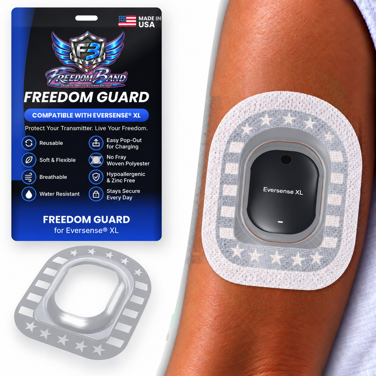 Clear Classic Stars and Stripes Freedom Guard for Eversense & Eversense XL with white microwoven overpatch; white microwoven fabric covers the guard flange