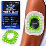 Green Neon Crystal Classic Stars and Stripes Freedom Guard for Eversense & Eversense XL with white microwoven patch; white microwoven fabric covers the guard flange
