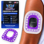 Purple Classic Stars and Stripes Freedom Guard for Eversense & Eversense XL with white microwoven overpatch; white microwoven fabric covers the guard flange