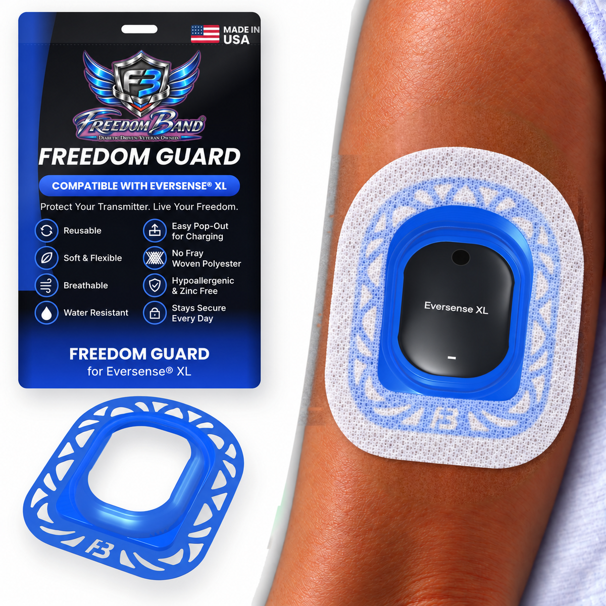 Blue Mandala Freedom Guard for Eversense & Eversense XL with white microwoven overpatch; white microwoven fabric covers the guard flange