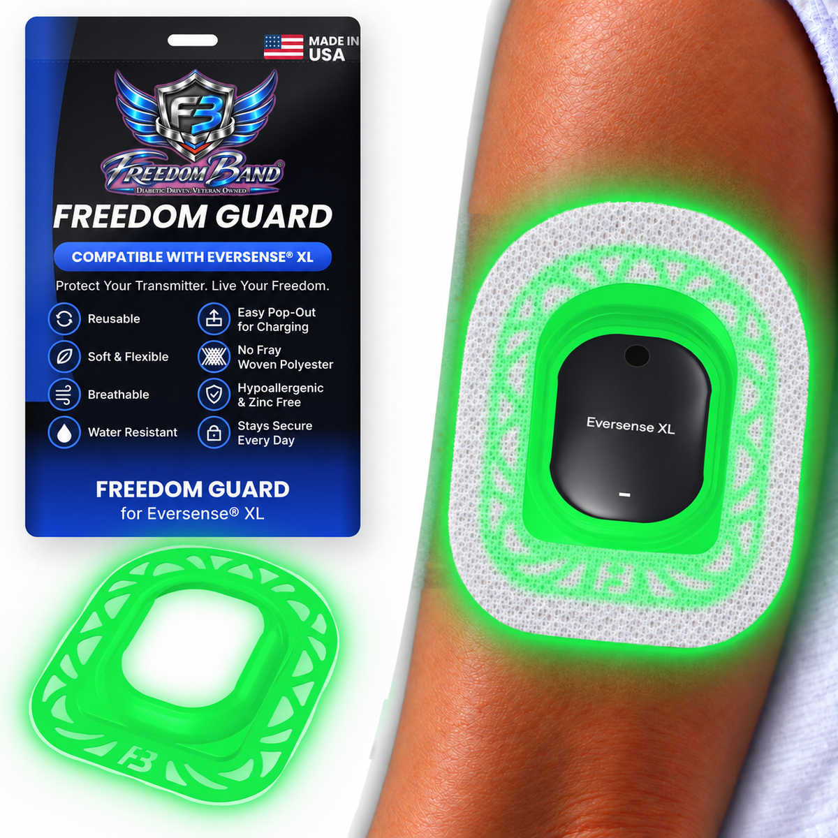 Light-activated Glow Green Mandala Freedom Guard for Eversense & Eversense XL with white microwoven overpatch; white microwoven fabric covers the guard flange