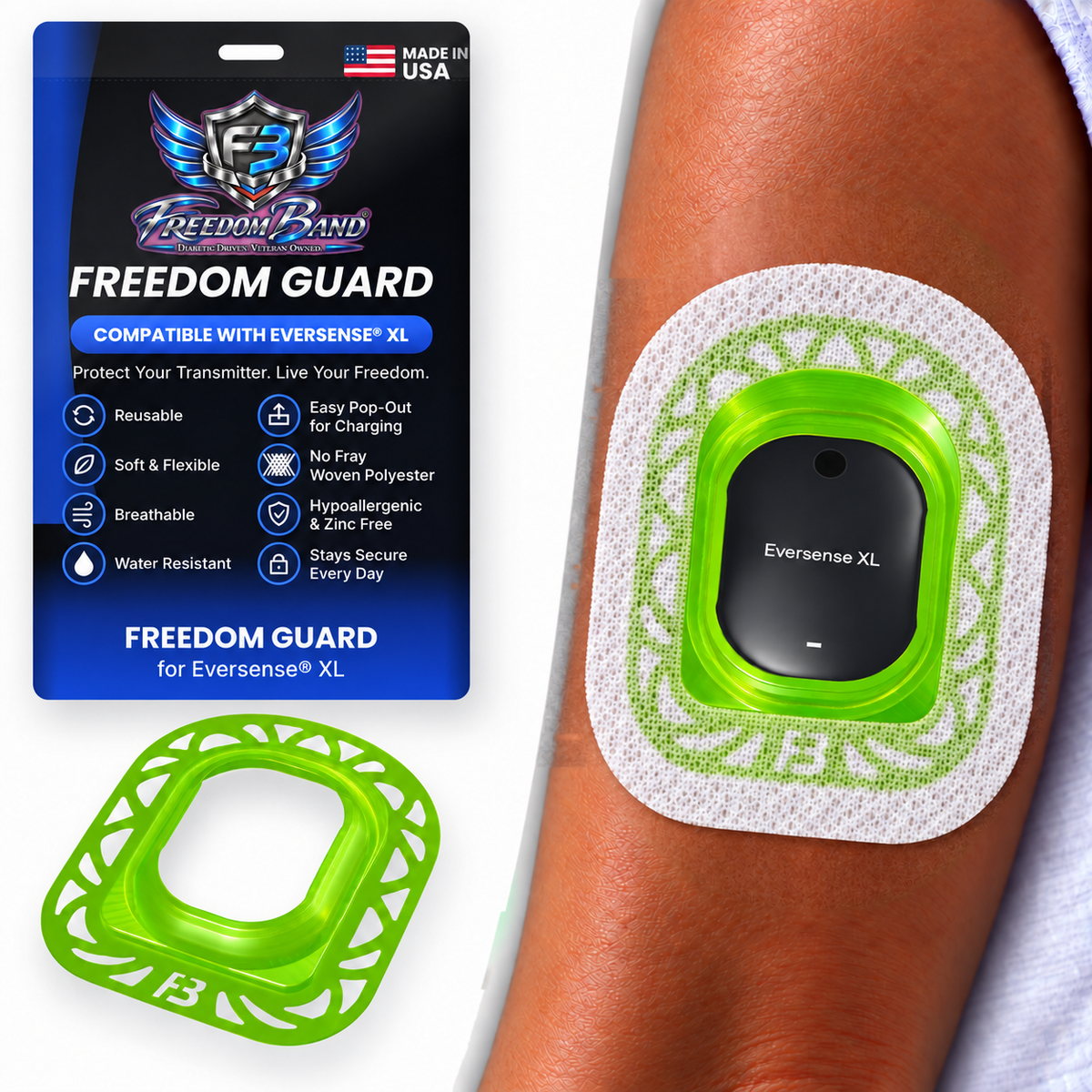 Green Neon Crystal Mandala Freedom Guard for Eversense & Eversense XL with white microwoven patch; white microwoven fabric covers the guard flange