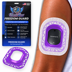 Purple Mandala Freedom Guard for Eversense & Eversense XL with white microwoven overpatch; white microwoven fabric covers the guard flange
