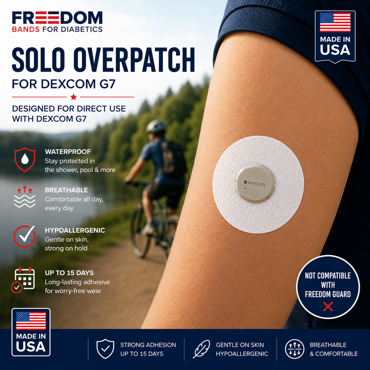 Waterproof breathable Freedom Solo overpatch for Dexcom G7, G7 15 Day and Stelo