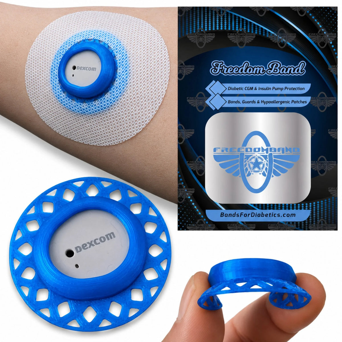 Blue Infiniflex sensor cover guard for Dexcom G7, G7 15 Day and Stelo