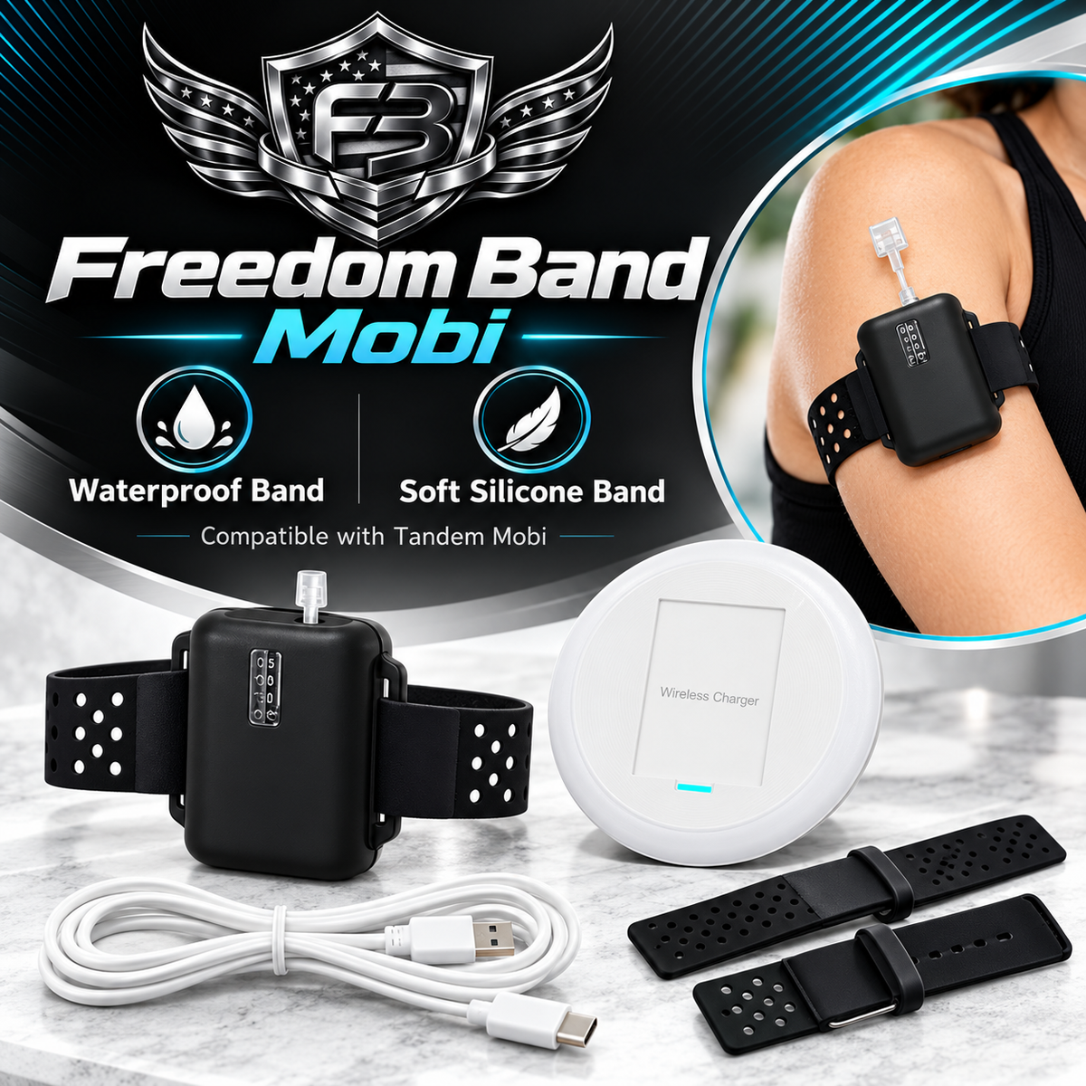 Freedom Band® Mobi Soft Silicone Protective Case & Adjustable Wearable Band with Wireless Charging System for Tandem Mobi