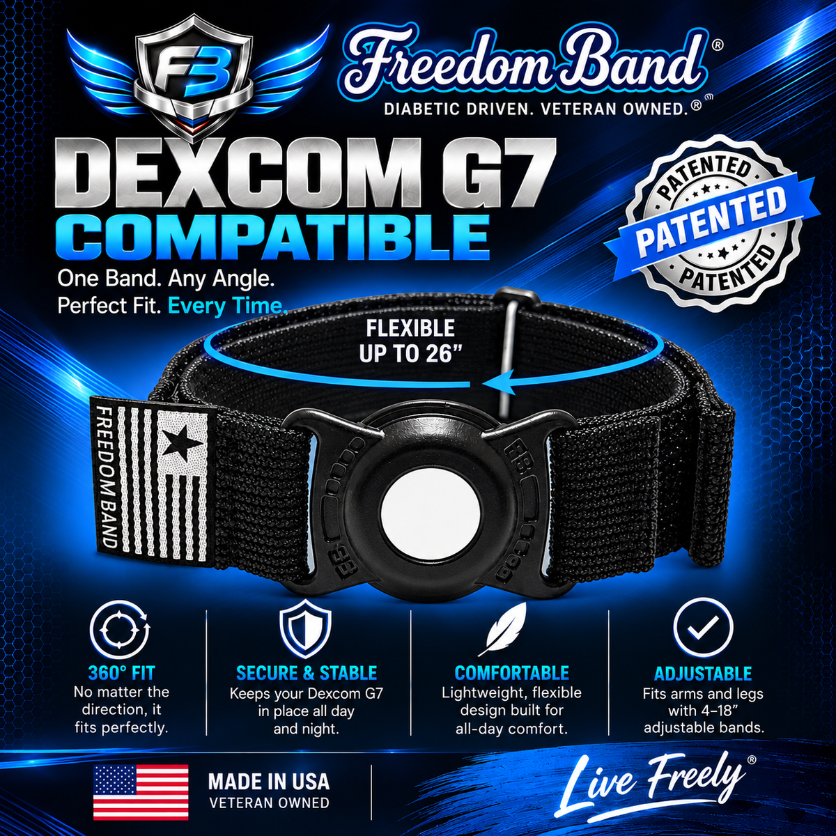 A promotional graphic for the Freedom Band DEXCOM G7 diabetic driven veteran owned band. The product is a black adjustable nylon headband with a central black plastic dial and a white center, shown on a dark blue graphic background with text overlays, logos, and feature icons.