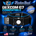 A promotional graphic for the Freedom Band DEXCOM G7 diabetic driven veteran owned band. The product is a black adjustable nylon headband with a central black plastic dial and a white center, shown on a dark blue graphic background with text overlays, logos, and feature icons.