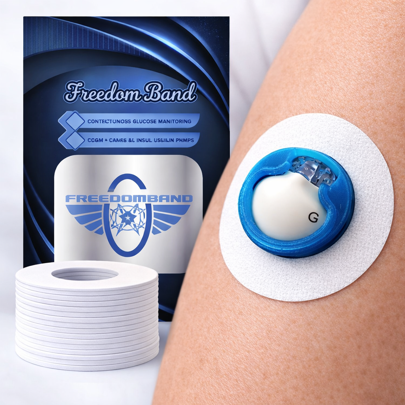 Freedom Bands Medtronic continuous glucose monitoring device protection with packaging and a patch on skin.