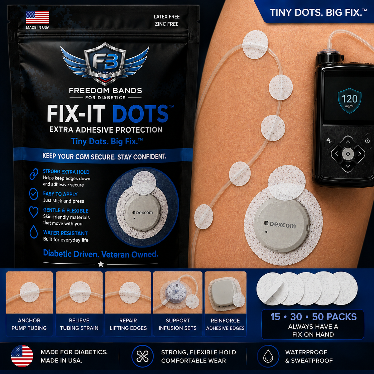 CGM Adhesive Repair & Pump Tubing Anchor | Freedom Fix-It Dots