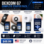 Dexcom G7 Complete Starter Pack with Freedom Band, Guard, Adhesive Patches, and Underpatches for diabetic protection.