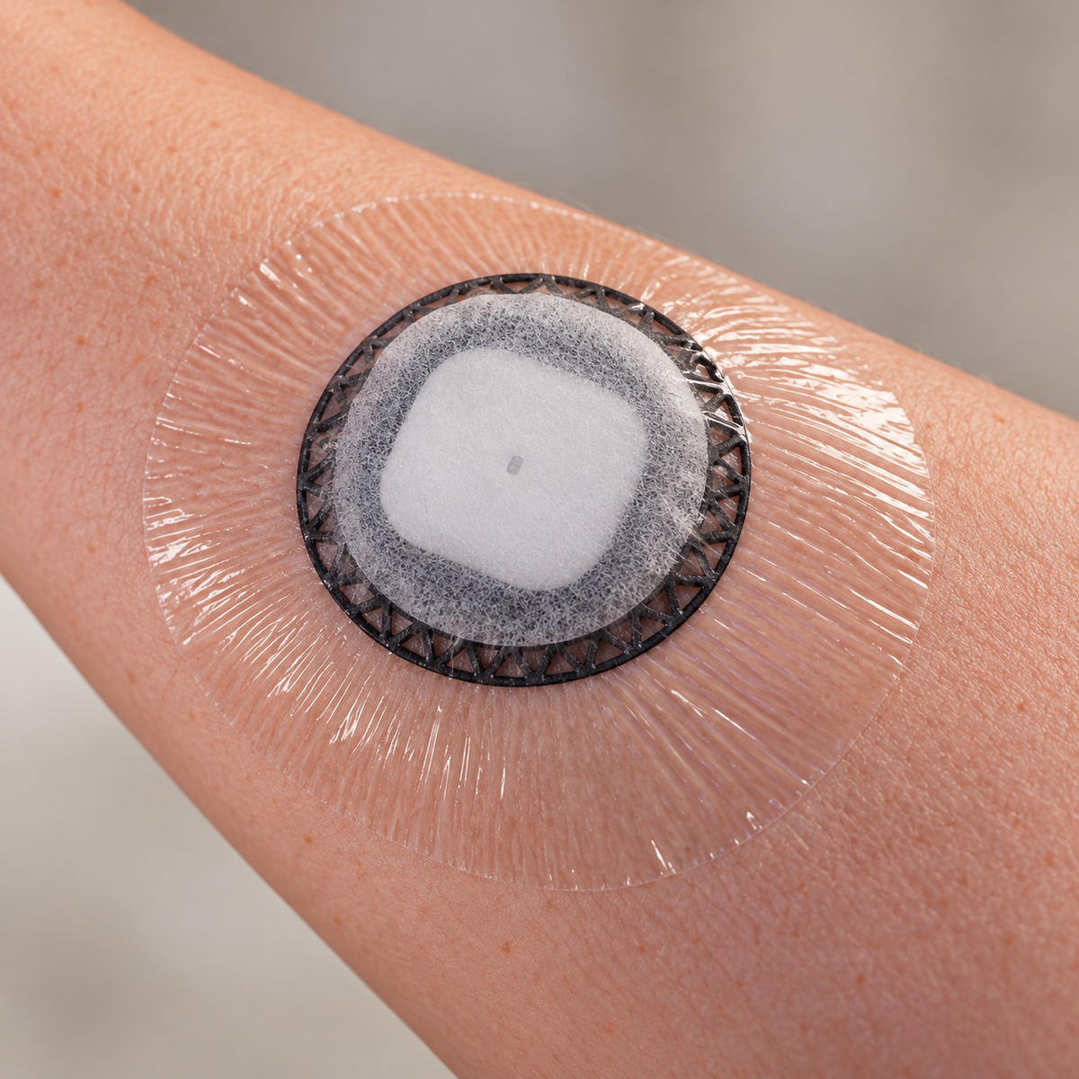 Medtronic Simplera Sync inside black Freedom Guard beneath a 3.15-inch clear overpatch, angled view
