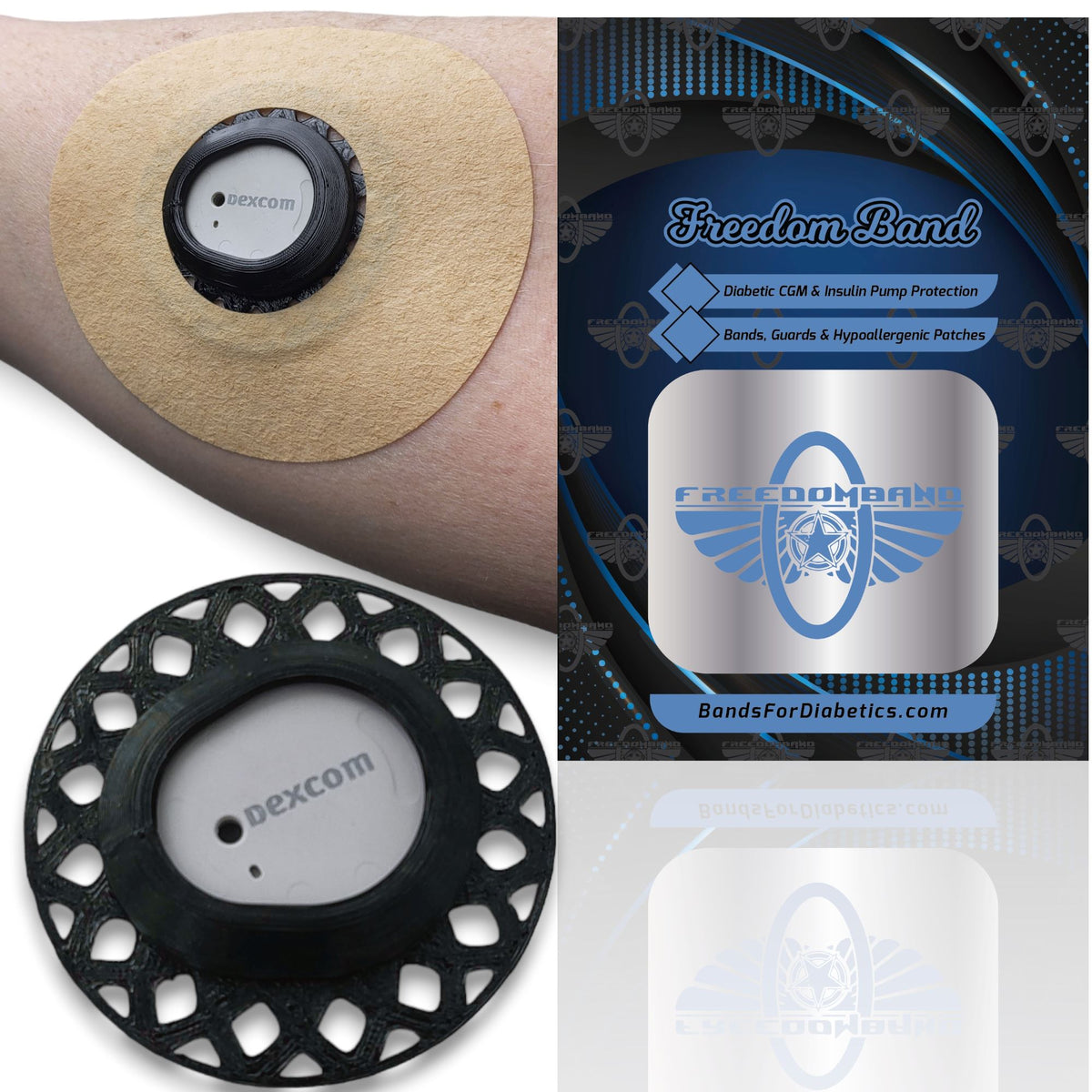 Black Onyx Infiniflex guard with tan overpatch for Dexcom G7 compatible sensors