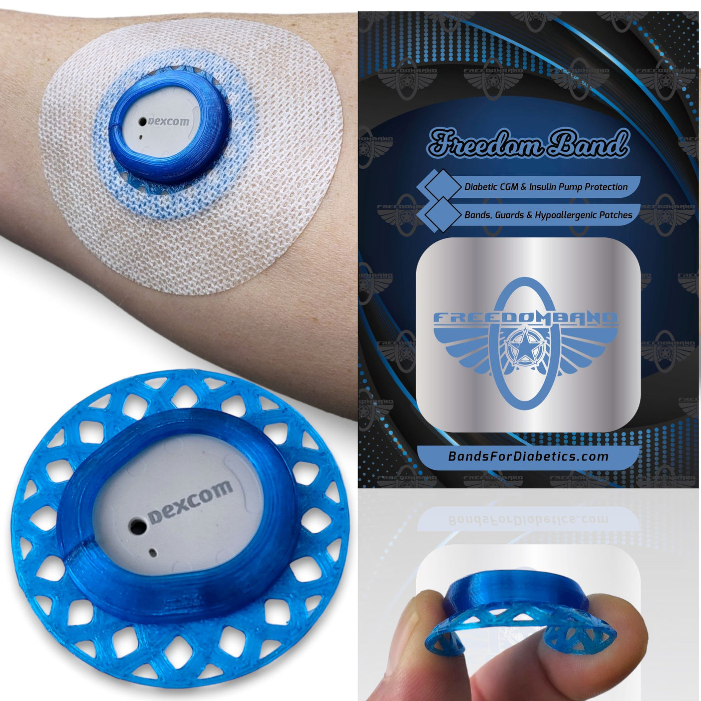 Awareness Blue Infiniflex guard with white overpatch for Dexcom G7 compatible sensors