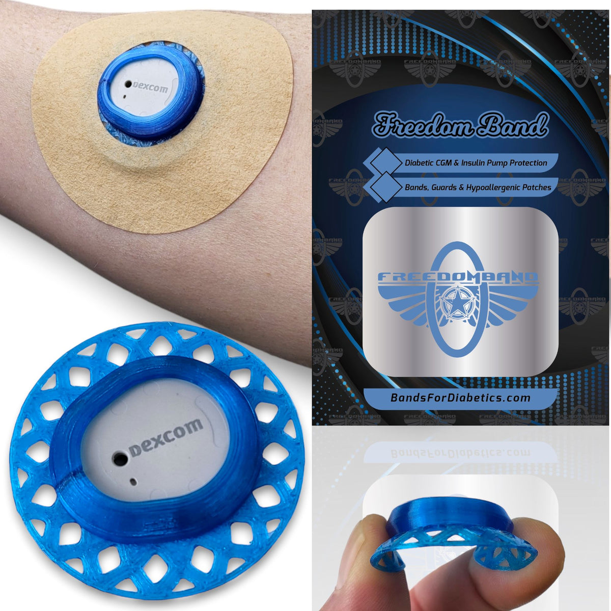 Awareness Blue Infiniflex guard with tan overpatch for Dexcom G7 compatible sensors